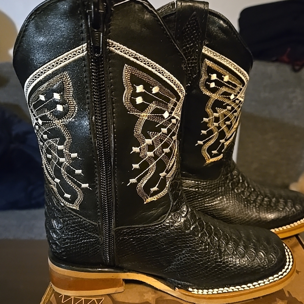 ALFA BLACK SQUARE TOE KIDS LEATHER BOOTS